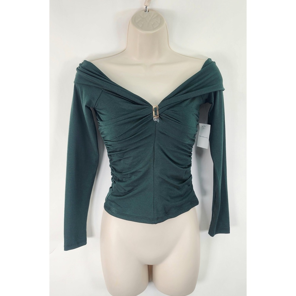 Abercrombie & Fitch Top Women's XS Green Off Shoulder Ruched Bodice Soft Stretch